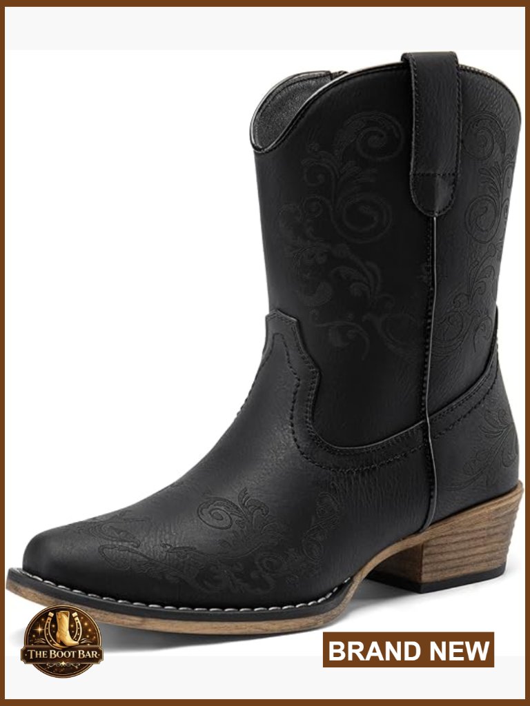 Western Ankle Boots Square Toe Chunky Heel Cowgirl Booties Faux Leather
